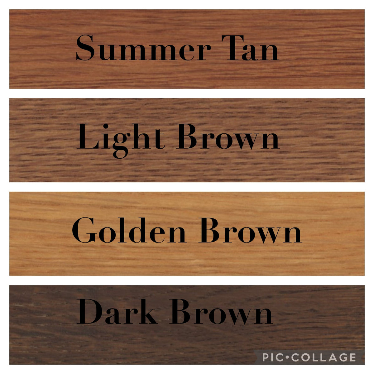 Wood treatment colour options - Summer Tan, Light Brown, Golden Brown, Dark Brown